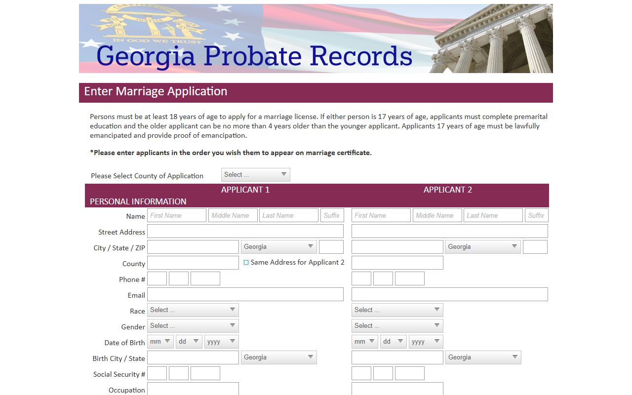 Echols County marriage records Georgia Probate Records application page