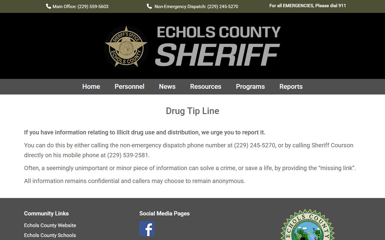 Echols County warrant records sheriff tip line
